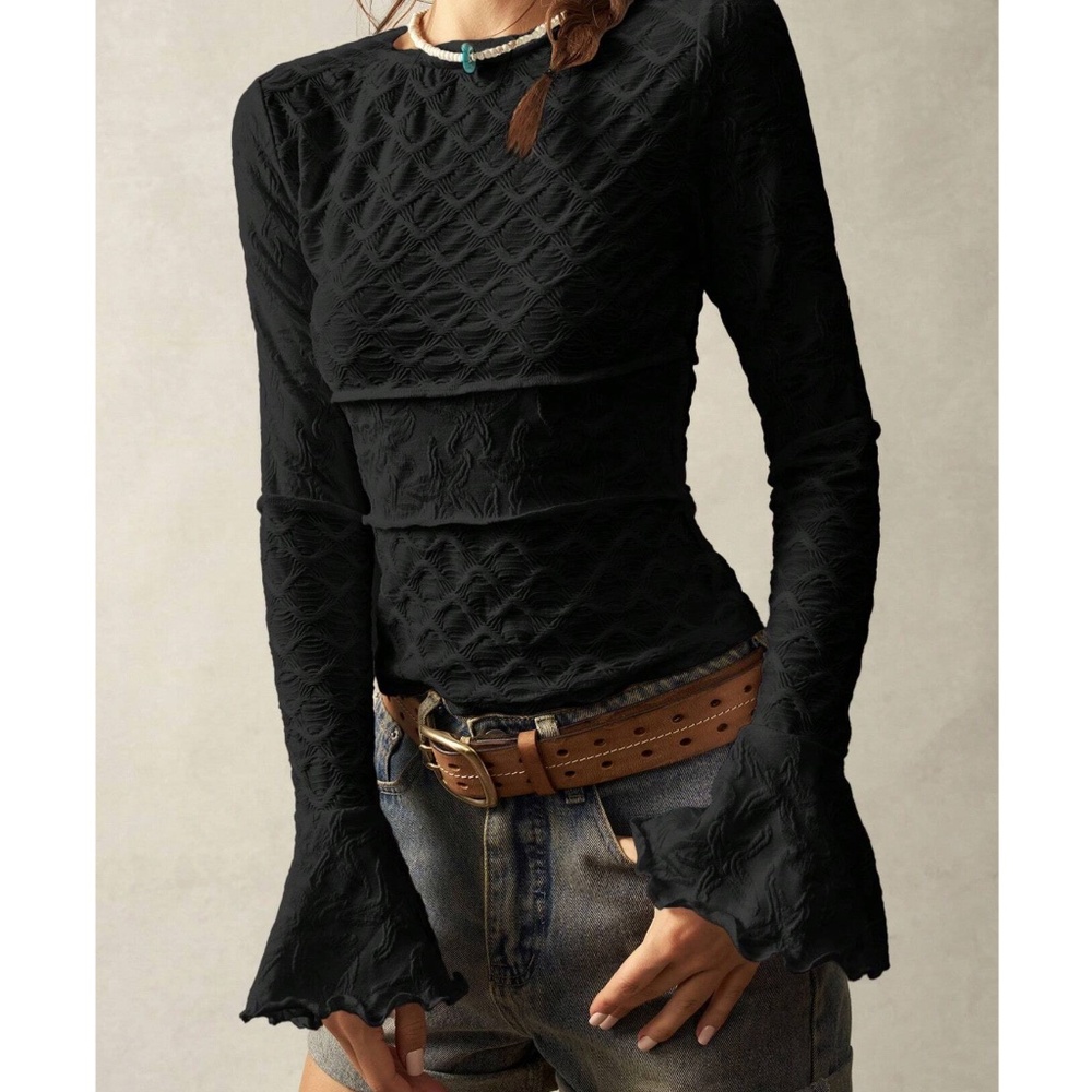 Boho Black Textured Knit Ruffle Bell Sleeve Fitted Top